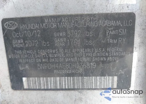 2013 Hyundai Elantra Limited z USA, uszkodzony, nr VIN 5NPDH4AE8DH236819